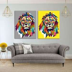 זוג תמונות קנבס - אריה צהוב אפור לסלון לעיצוב הבית, לחדרי שינה או למטבח