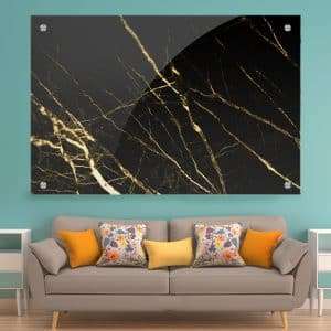 תמונת זכוכית שיש ענפים שחור זהב לעיצוב הבית על קיר בסלון