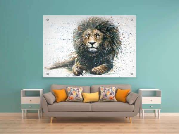 תמונת זכוכית אריה עוצמתי לעיצוב הבית על קיר בסלון