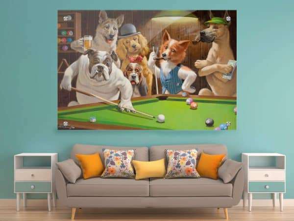 תמונת זכוכית כלבים משחקים פול לעיצוב הבית על קיר בסלון