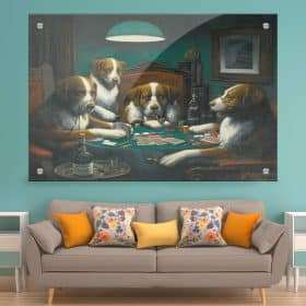 תמונת זכוכית כלבים משחקים פוקר לעיצוב הבית על קיר בסלון