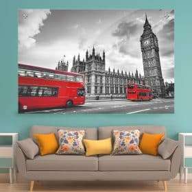 תמונת זכוכית לונדון שחור לבן אדום לעיצוב הבית על קיר בסלון