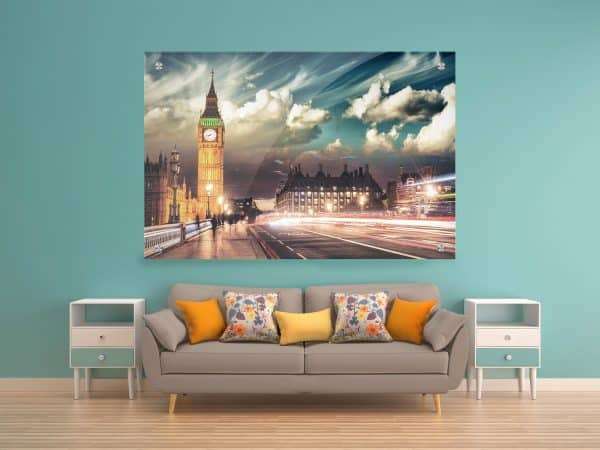תמונת זכוכית לונדון בין הערביים לעיצוב הבית על קיר בסלון