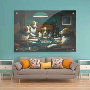 תמונת זכוכית כלבים משחקים פוקר לעיצוב הבית על קיר בסלון