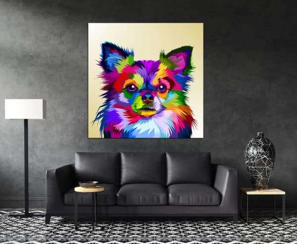 תמונת קנבס של כלב צ'יוואווה פופ ארט תלויה על קיר בסלון להמחשה