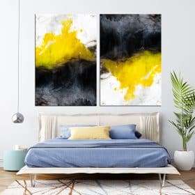 זוג תמונות קנבס - אבסטרקט צבעי מים שחור צהוב לבןלסלון לעיצוב הבית, לחדרי שינה או למטבח