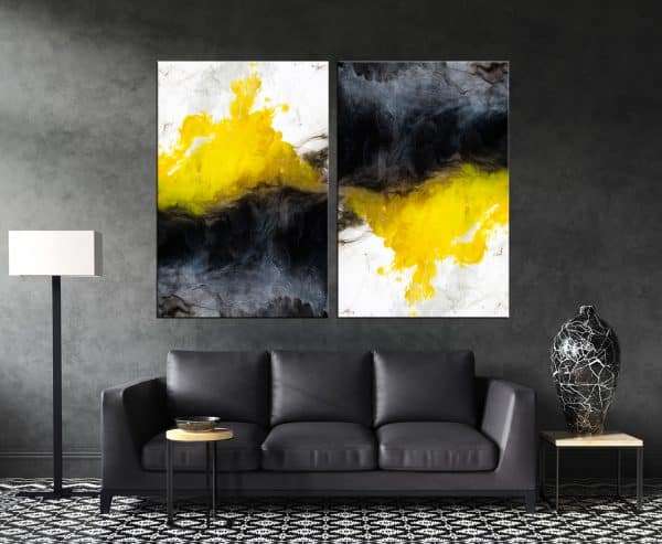 זוג תמונות קנבס - אבסטרקט צבעי מים שחור צהוב לבןלסלון לעיצוב הבית, לחדרי שינה או למטבח