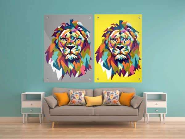 זוג תמונות זכוכית - אריה צבעוני צהוב אפור לעיצוב הבית על קיר בסלון