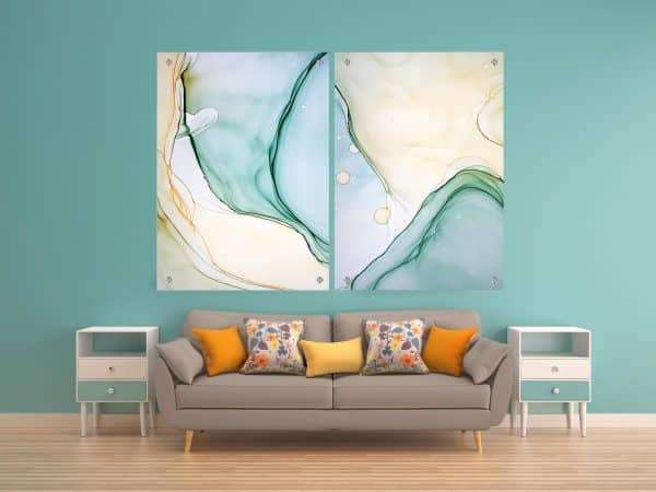 זוג תמונות זכוכית - אבסטרקט מים פאסטליים לעיצוב הבית על קיר בסלון