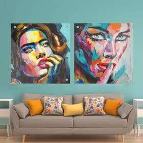 זוג תמונות זכוכית - נשים צבעוניות לעיצוב הבית על קיר בסלון