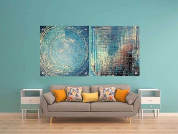 זוג תמונות זכוכית - אבסטרקט כחול לעיצוב הבית על קיר בסלון