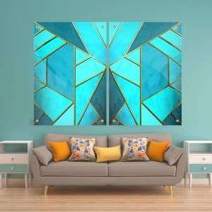 זוג תמונות זכוכית – אבסטרקט שיש מחולק צורות תכלת לעיצוב הבית על קיר בסלון