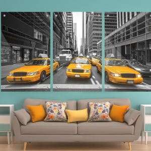 שלישיית תמונות זכוכית - מוניות ניו יורק לעיצוב הבית על קיר בסלון