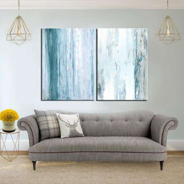זוג תמונות קנבס אבסטרקט גשם צלול אפור לבן לסלון לעיצוב הבית, לחדרי שינה או למטבח