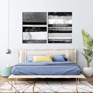 זוג תמונות קנבס אבסטרקט פסי אומנות שחור לבן לסלון לעיצוב הבית, לחדרי שינה או למטבח