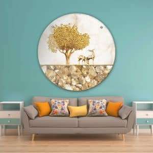 תמונת זכוכית איילים עץ וחצץ לעיצוב הבית על קיר בסלון