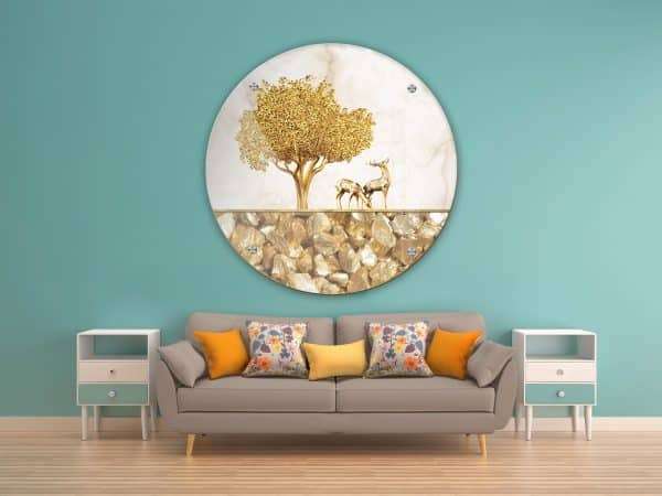 תמונת זכוכית איילים עץ וחצץ לעיצוב הבית על קיר בסלון