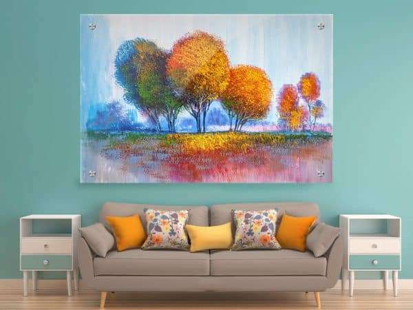 תמונת זכוכית יער הצבעים לעיצוב הבית על קיר בסלון