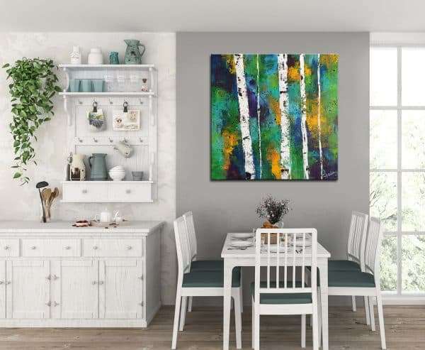 תמונת קנבס גזעים לבנים ויער ירוק לסלון לעיצוב הבית