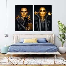 זוג תמונת קנבס פניי זהב לסלון לעיצוב הבית