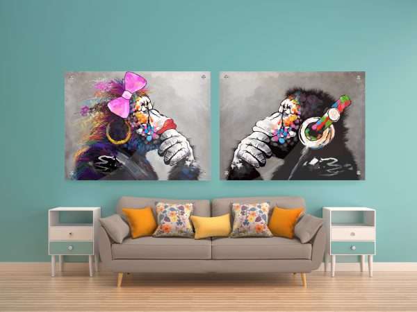 תמונת זכוכית זוג קופים לסלון לעיצוב הבית