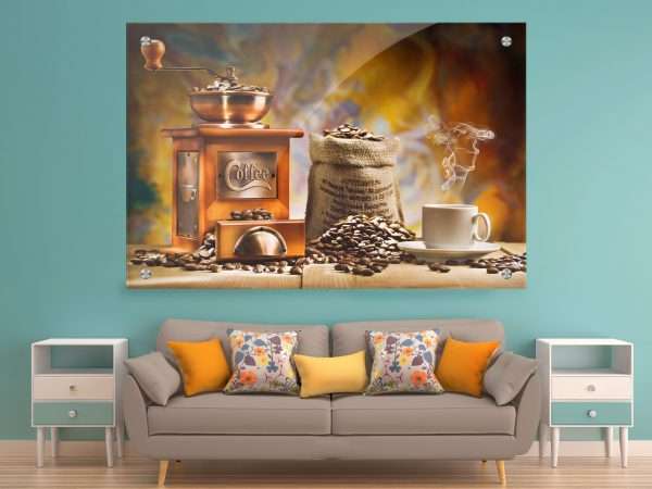 תמונת זכוכית ארומת הקפה לעיצוב הבית על קיר בסלון