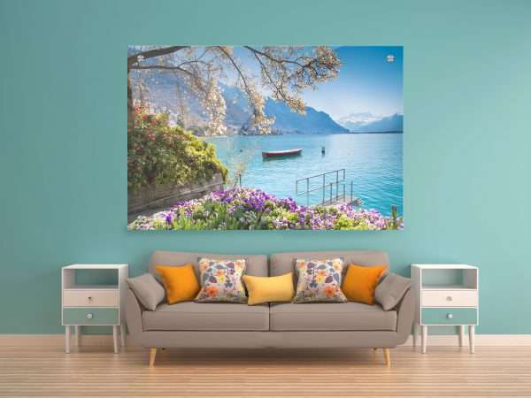 תמונת זכוכית חוף הפרחים לעיצוב הבית על קיר בסלון