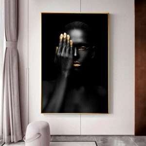 תמונת קנבס עם מסגרת צפה זהב מאלומיניום אישה מסתורית 1
