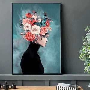 תמונת קנבס עם מסגרת צפה שחור מאלומיניום פרחי השיער