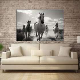 תמונת קנבס - ריצת סוסים של בוקר תמונה שחור לבן לעיצוב הבית מתאים לתמונה לסלון למשרד ולכל פינה שתבחרו