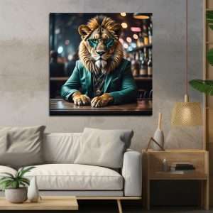תמונת קנבס לסלון - אריה מדגמן על הבר תמונה לבית ולמשרד