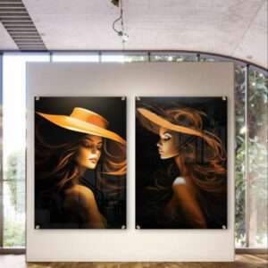 זוג תמונות זכוכית - האישה וכובע , תמונות לבית , לסלון באיכות גובהה