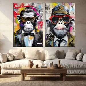 זוג תמונות קנבס זוג קופים פופ ארט במשקפיים תמונה לסלון, תמונה לבית , וכל פינה שתבחרו